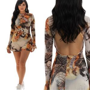 🛍️ PHILOSOPHY OF PAEK orange, black, sheer, backless, ruffle wrist, bodysuit lg